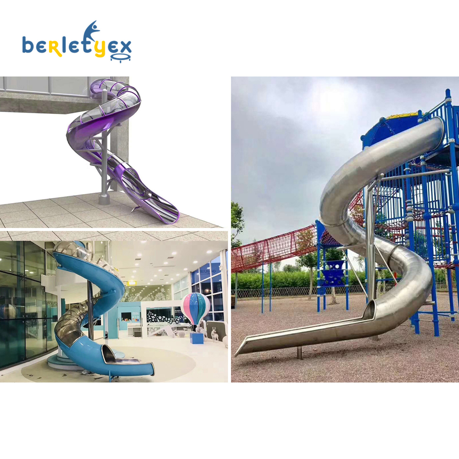 Berletyex stainless steel slides giants custom spirals playground slide for children kids and adult amusement park commercial