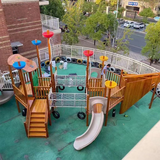 Commercial Wooden Boat Playground Slide Pirate Ship Style Theme Park for Children Adult Kids Outdoor Play Wooden Garden City