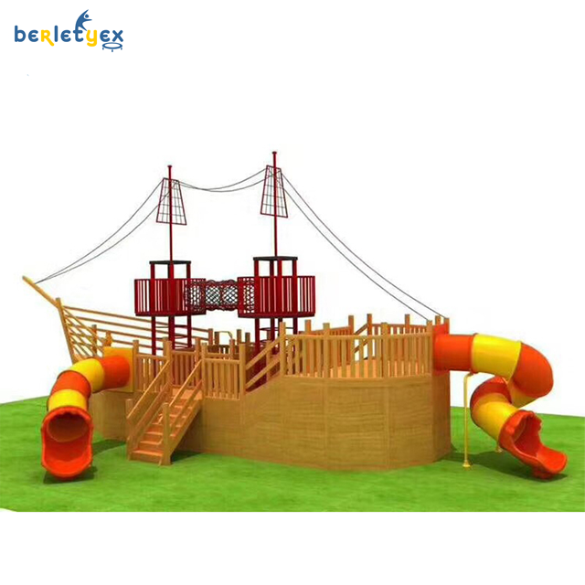 Commercial Wooden Boat Playground Slide Pirate Ship Style Theme Park for Children Adult Kids Outdoor Play Wooden Garden City