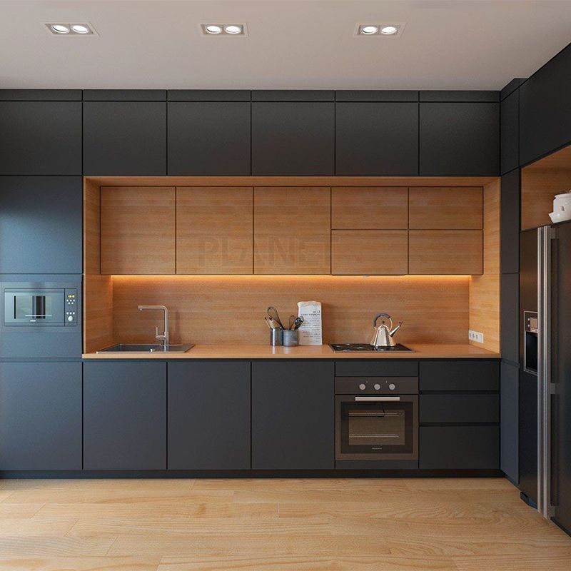 New Modern Wooden Veneer Matt Lacquer Finished Black Kitchen Cabinet Designs