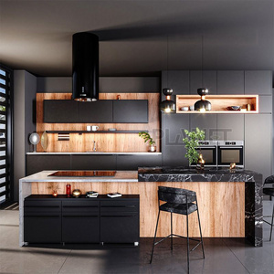 Luxury Simple Design Black Melamine Kitchen Cabinet with Island Cuisine Complte Open Kitchen Cabinet