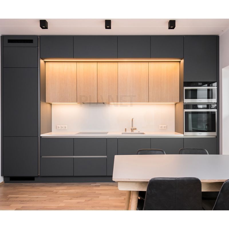 New Modern Wooden Veneer Matt Lacquer Finished Black Kitchen Cabinet Designs