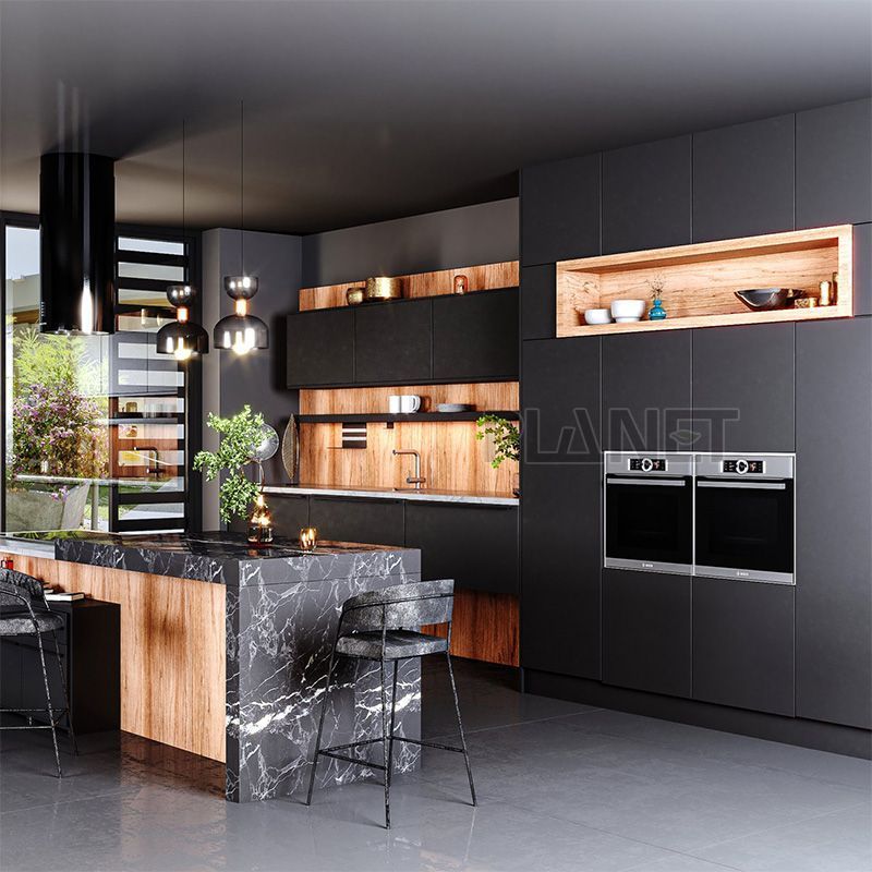 Luxury Simple Design Black Melamine Kitchen Cabinet with Island Cuisine Complte Open Kitchen Cabinet