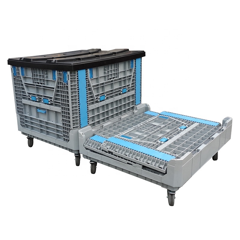 1200x1000x1050mm heavy duty industrial hdpe Stackable Large Foldable Collapsible Plastic pallet crate With Wheels