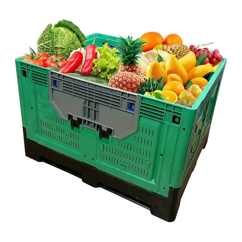 Heavy Duty large hdpe vented vegetable fruits bulk storage stackable foldable collpasible plastic pallet box with side door