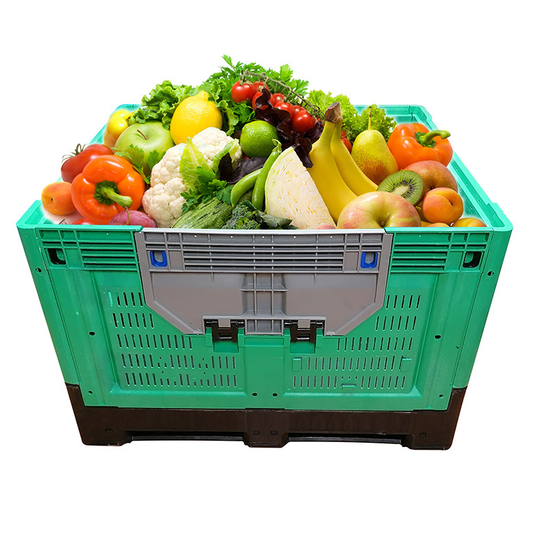 Heavy Duty large hdpe vented vegetable fruits bulk storage stackable foldable collpasible plastic pallet box with side door