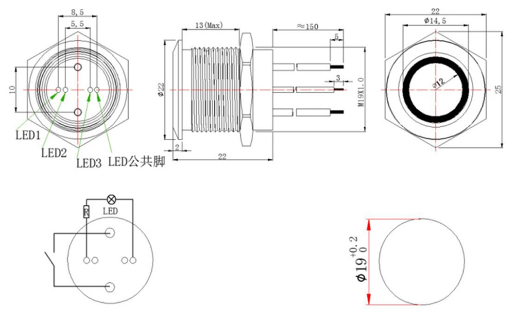 22mm 15A High Current Power Waterproof IP67 Latching on off Momentary Metal push button light switch Red Green LED 12V 110V 220V