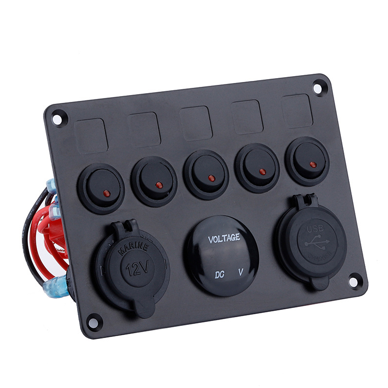 Digital 12v Socket 5 Gang IP68 LED Charger Dual USB Panel Car Boat Marine Rocker Switch Panel With Voltmeter