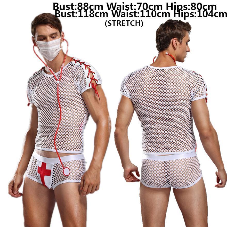 Hot Sale Bondage Fishnet Mesh Sexy Doctor Police Cosplay Costume Men Male Erotic Thong Brief Lingerie Sets