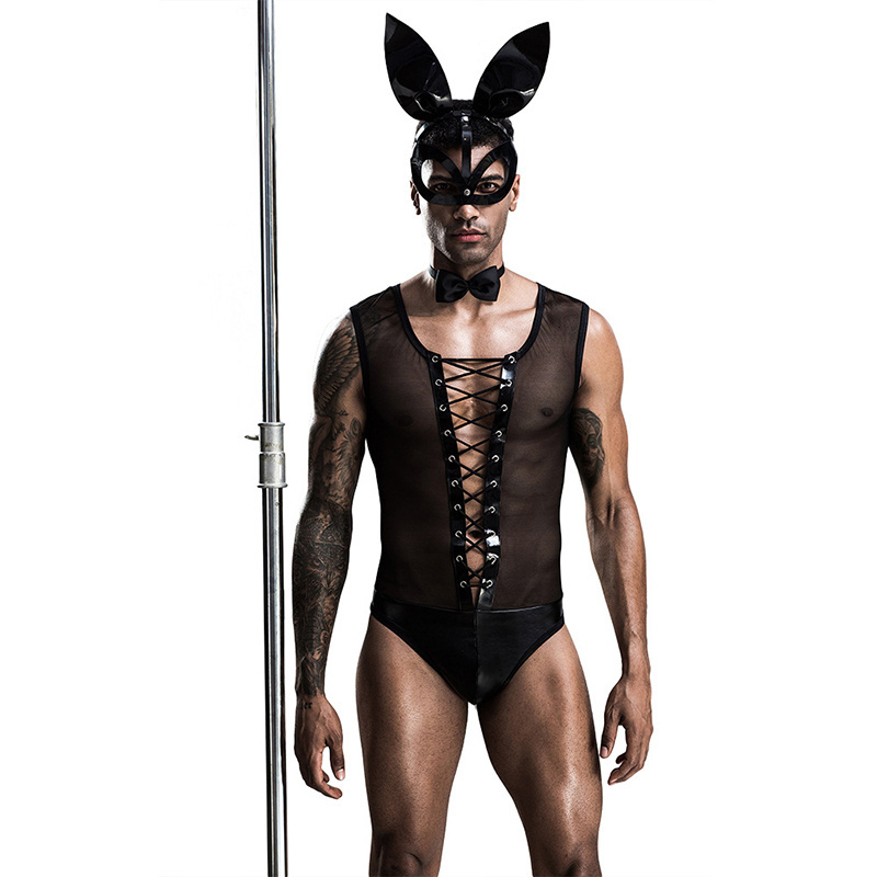 Gay Male Nightclub Lace-Up Mesh Cosplay Bunny Costume Sexy Erotic Bodysuit Lingerie For Men 4 Piece Set