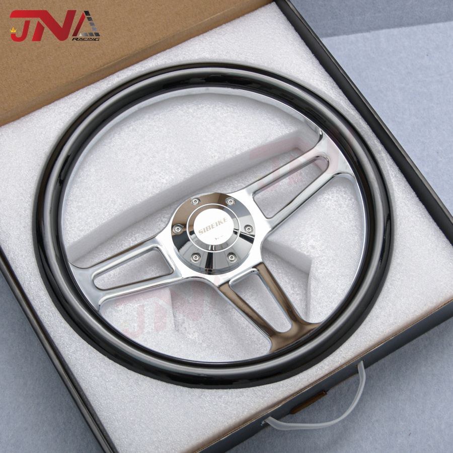 14inch 350mm Polished Chrome Spoke Black ABS Steering Wheel Universal Classic Sports Steering Wheel