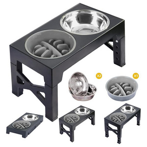 New Arrival 5 Height Adjustable Raised  Elevated Dog Bowls with Stainless Steel Dog Food Bowl and Slow Feeder Dog Bowl