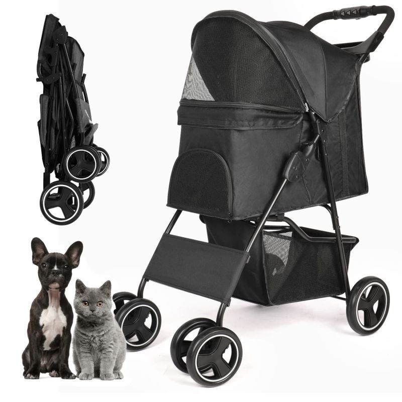 Wholesale Four Wheels Luxury Pet Cat Dog Stroller with Storage Basket Handle and 360 Front Wheel Rear Wheel Brake