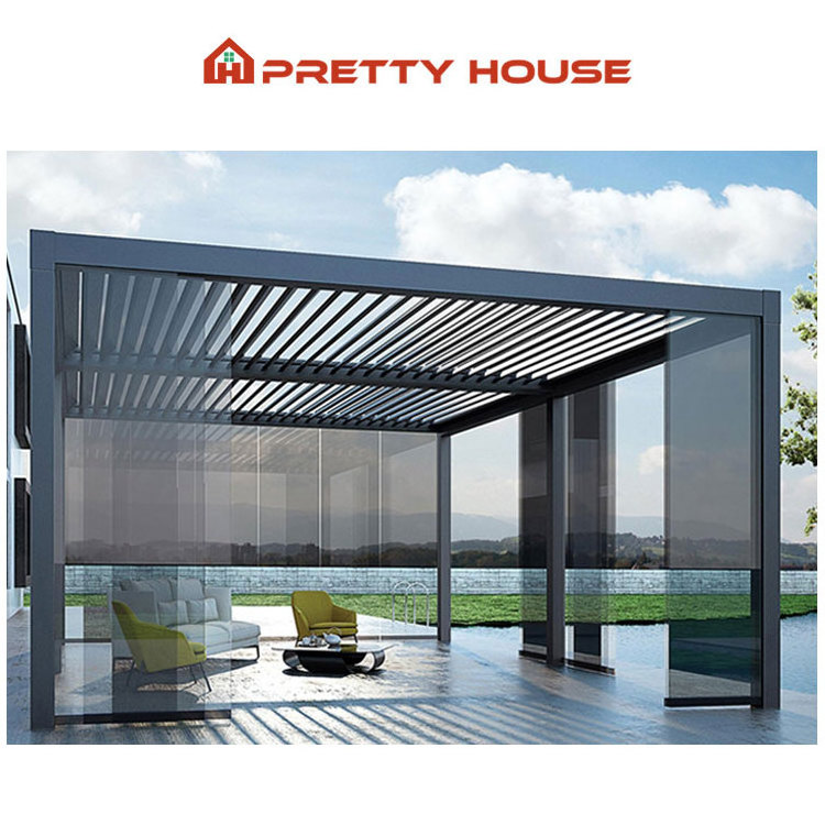 UV Resistant Outdoor Gazebo 3x4 Retractable Aluminium Awning Roof Cover Pergola With Sliding Door