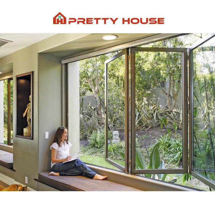 Prettyhouse Customized horizontal sliding folding window double tempered glass aluminium accordion windows