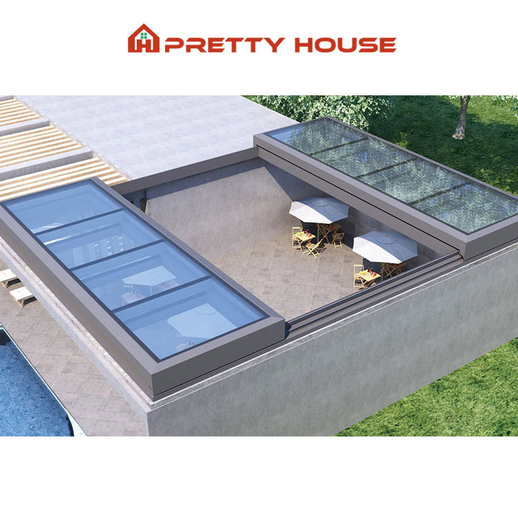 Double Tempered Glass Retractable Skylight System For Aluminium Skylights Sliding Glass Roof Window