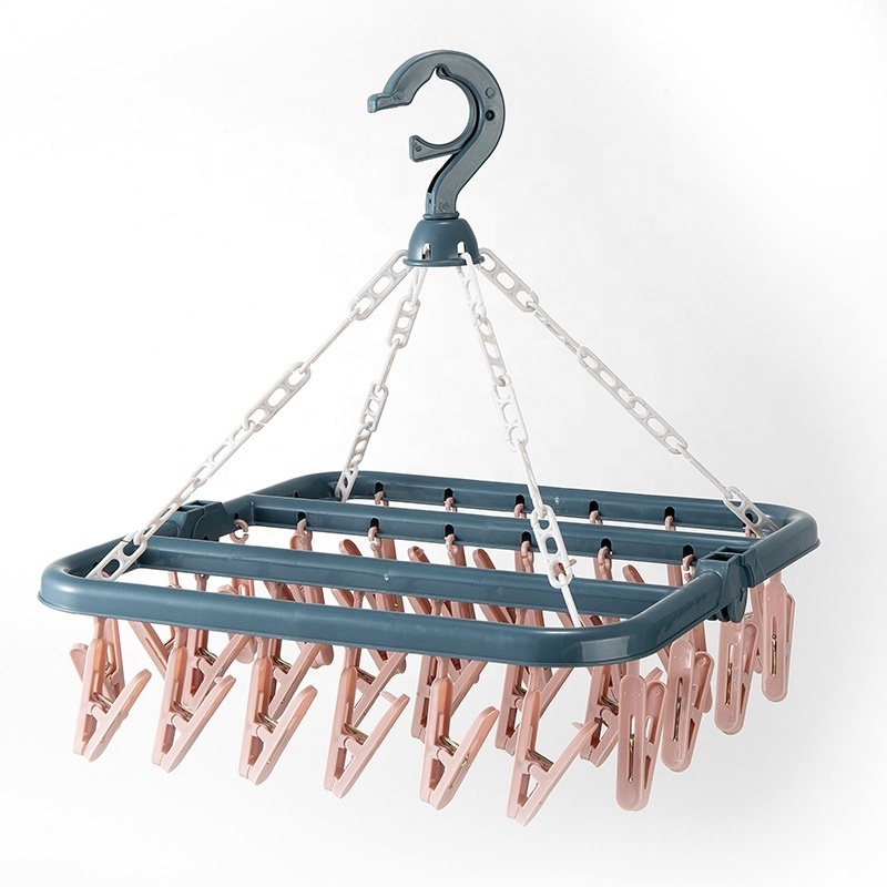 Blue Plastic Laundry Hanging Drying Rack Foldable Clip and Drip Hanger Foldable Clothes Drying Rack with 32 Clips