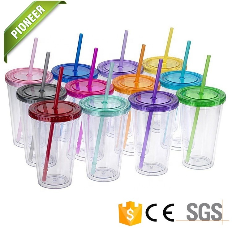 customized LOGO Cheaper price Cold drink promotional gift clear Double wall plastic tumbler with straw