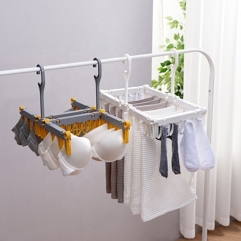 Foldable Clip Hangers Plastic Laundry Clip and Drip Drying Hanger Underwear Hanger with Clips for Socks Bras Lingerie Clothes