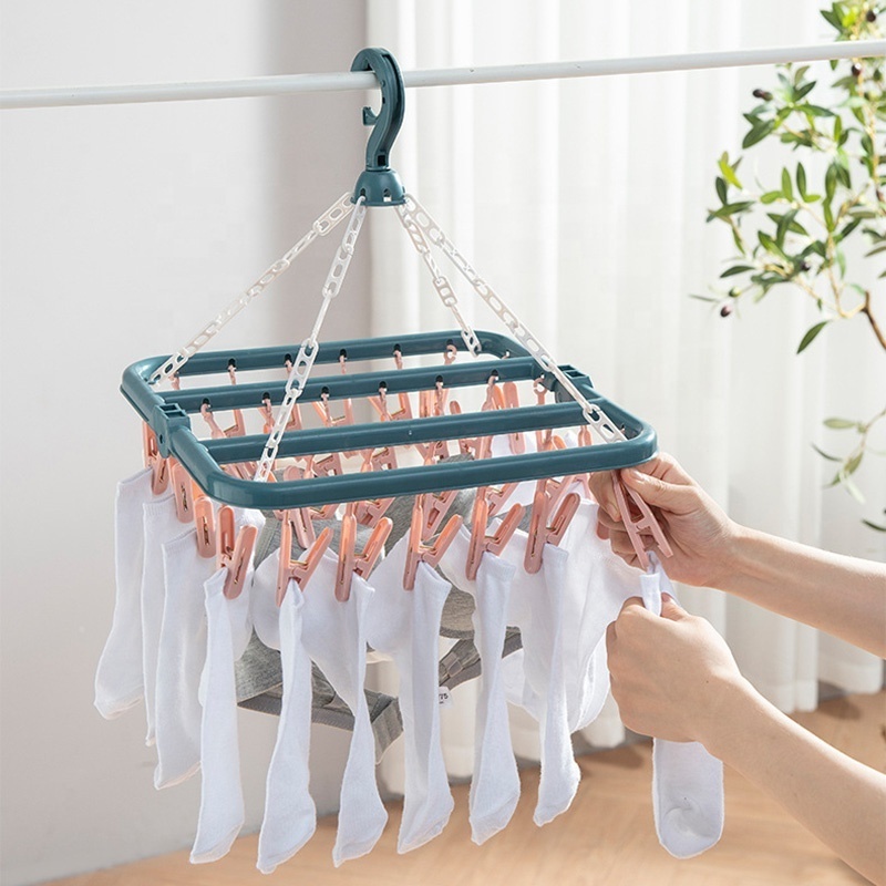 Blue Plastic Laundry Hanging Drying Rack Foldable Clip and Drip Hanger Foldable Clothes Drying Rack with 32 Clips