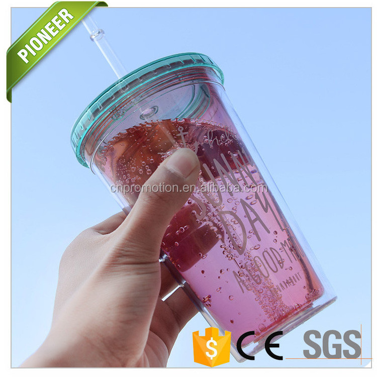 customized LOGO Cheaper price Cold drink promotional gift clear Double wall plastic tumbler with straw