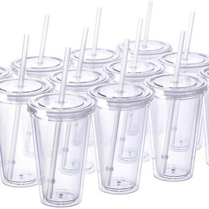 customized LOGO Cheaper price Cold drink promotional gift clear Double wall plastic tumbler with straw