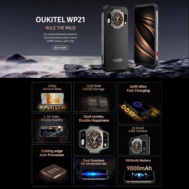 New Official Oukitel WP21 Smartphone 17GB+256GB 6.78 inch MTK Helio G99 Octa-core 4G Rugged Mobile Phone