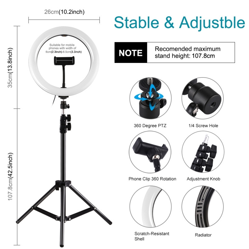 PULUZ 10.2 inch 26cm Ring Light with Tripod Mount and Phone Clamp for Live Streaming Photography 3 Light Modes