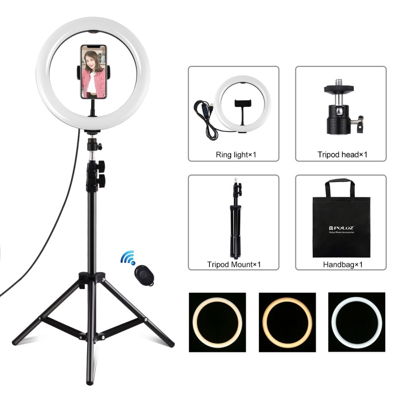 PULUZ 10.2 inch 26cm Ring Light with Tripod Mount and Phone Clamp for Live Streaming Photography 3 Light Modes