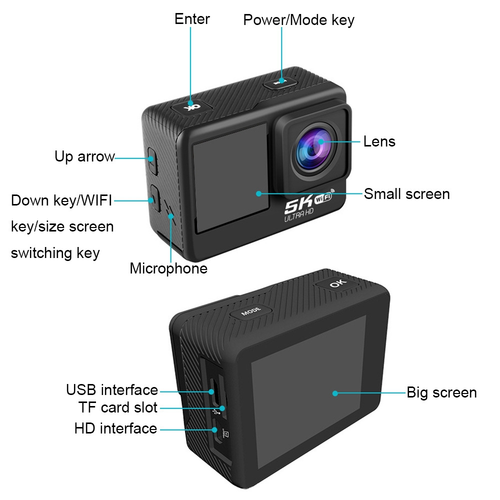 5K/30FPS WIFI HD Anti-Shake IP68 Waterproof Sports Camera with Remote Touch Dual Screen Wide Angle Action Camera