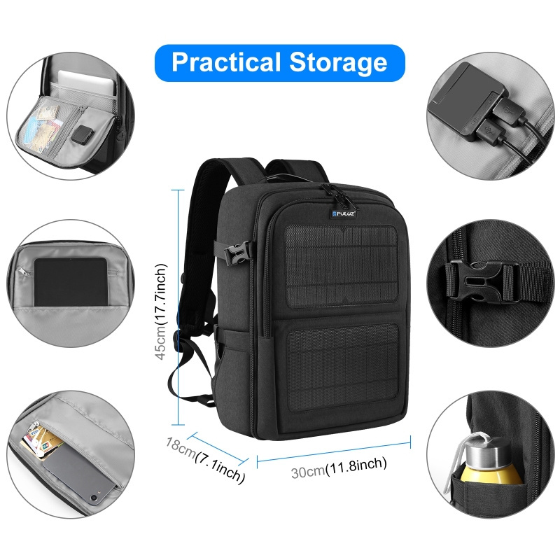 Factory Direct Sale PULUZ Solar Power Backpack Dual Shoulders Laptop Bag Backpack With Trolley Case Belt Outdoor Camera Backpack