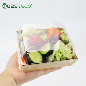 Questeco Brown Square Salad Kraft Paper Cheesecake Box 12x11x6.5cm Takeaway Salad Box Breakfast Sushi food Tray with Plastic Lid