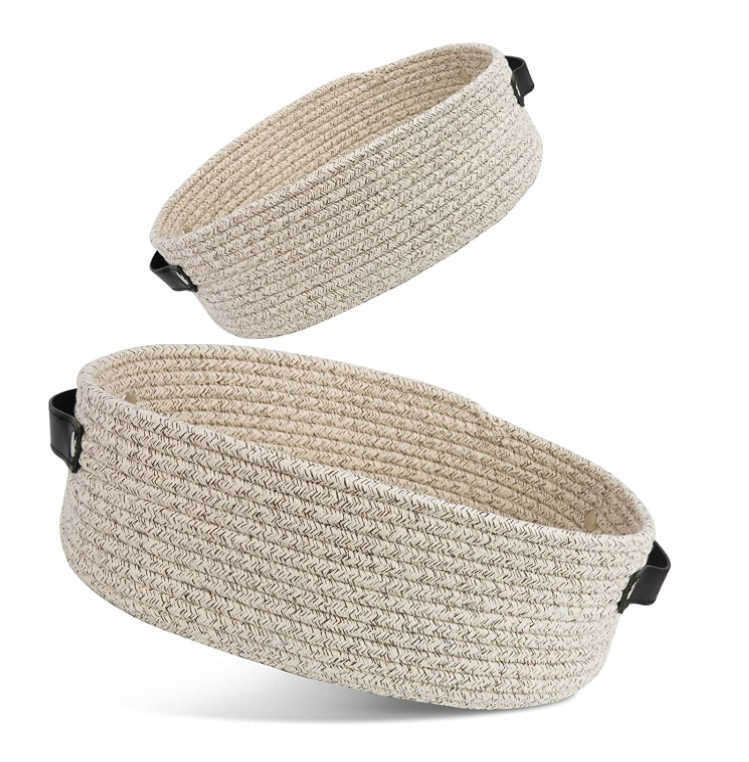 2 Pack Small Woven Basket Cotton Rope Basket with Handle for Organizing Baby Cat Dog Toy Empty Gift Basket for Home Storage