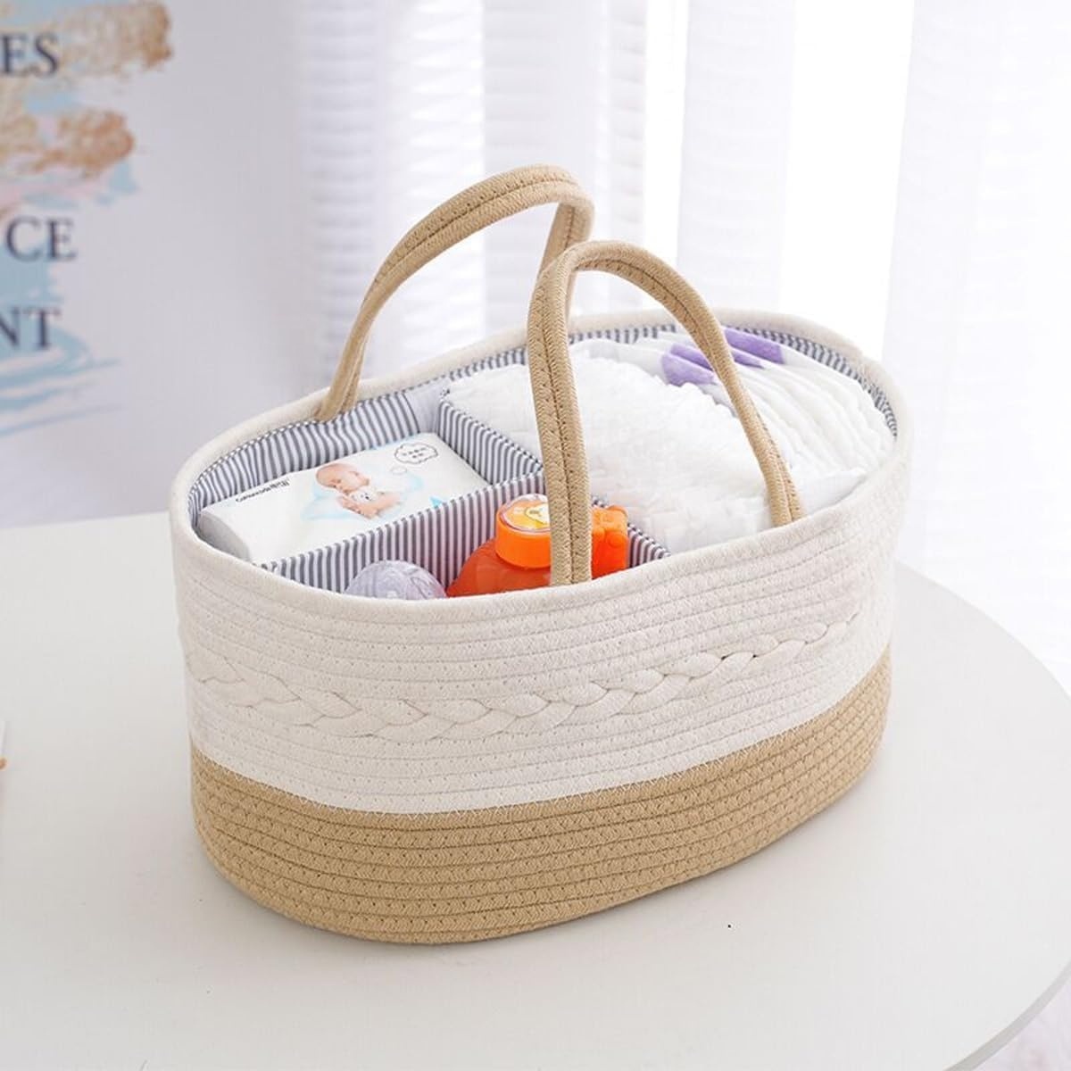 diaper caddy organizer for baby boy- cotton rope  storage basket  with partitions basket storage baskets box foldable