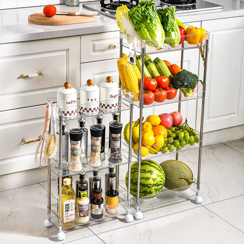 Transparent Multi-layer Slim Multifunctional Kitchen Trolley with Roller Storage Rack