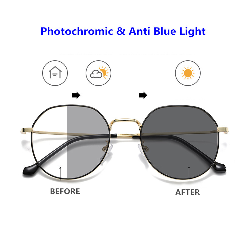 lunette photochromic anti refflet original men irregular round metallic silver black gold unisex photo grey glasses  uv glasses