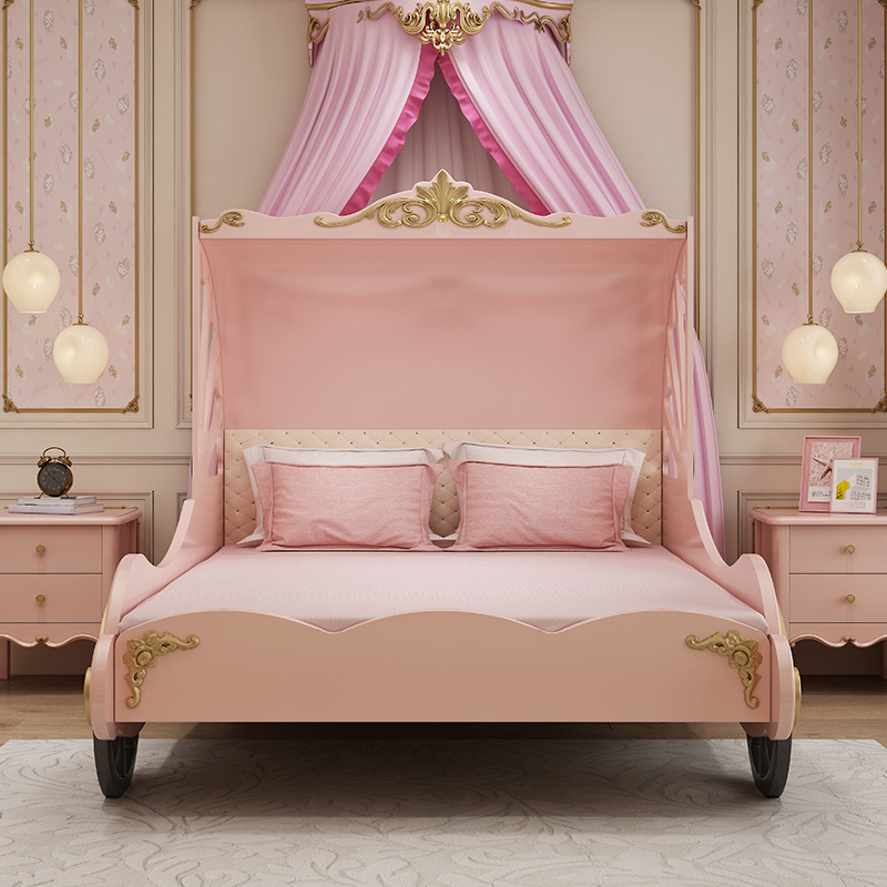 European style Solid Wood girls princess bed pink 120cm kids single bed girl queen  size beds for kids