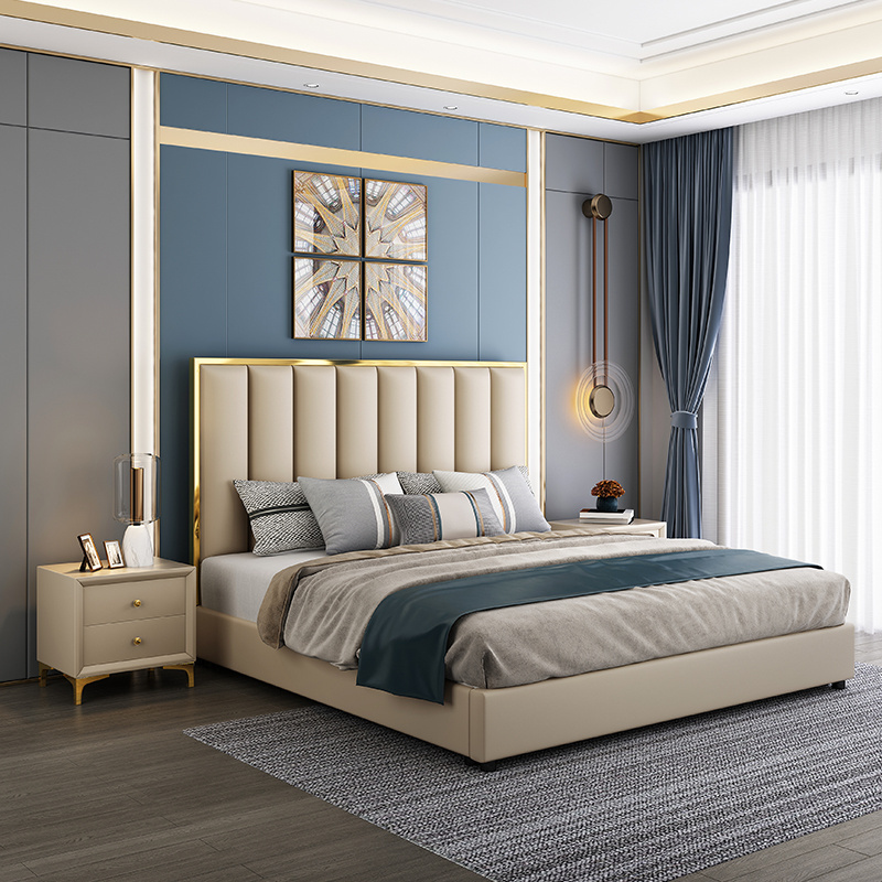 Modern | Contemporary Velvet Upholstered Bed  Polished Gold Metal Frame White King