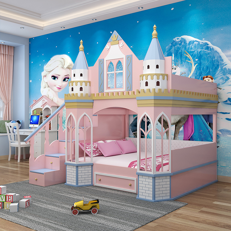 European Style Castle Girls bed up and low bed Pink Princess bunk bed girls  with slide and ladder