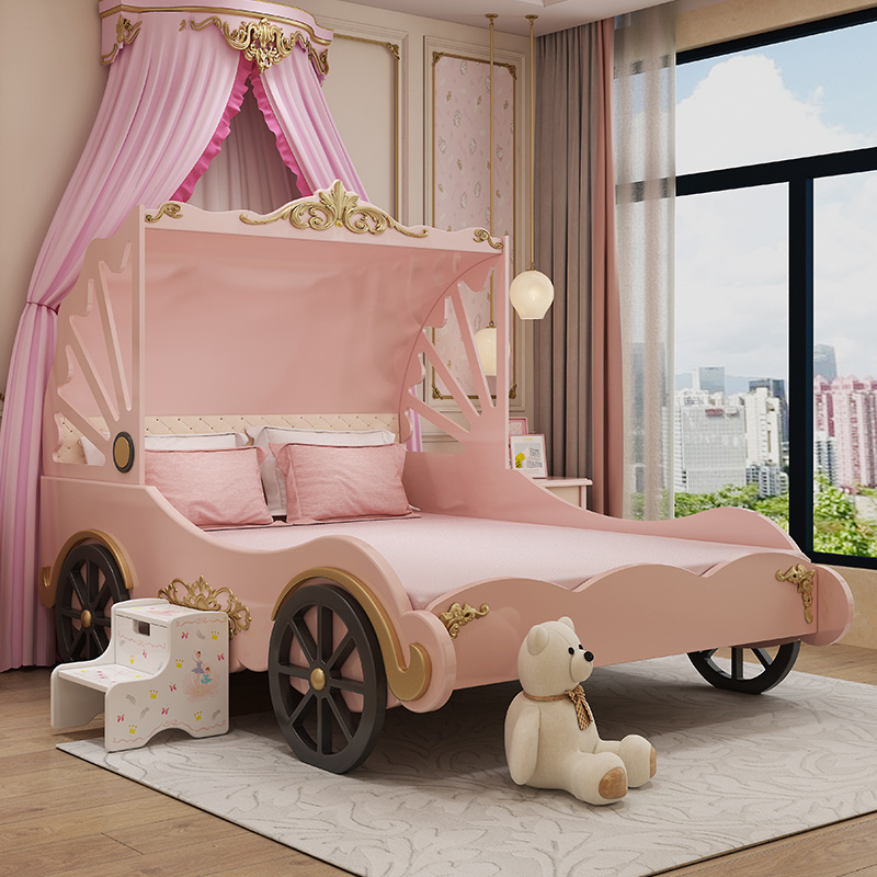 European style Solid Wood girls princess bed pink 120cm kids single bed girl queen  size beds for kids