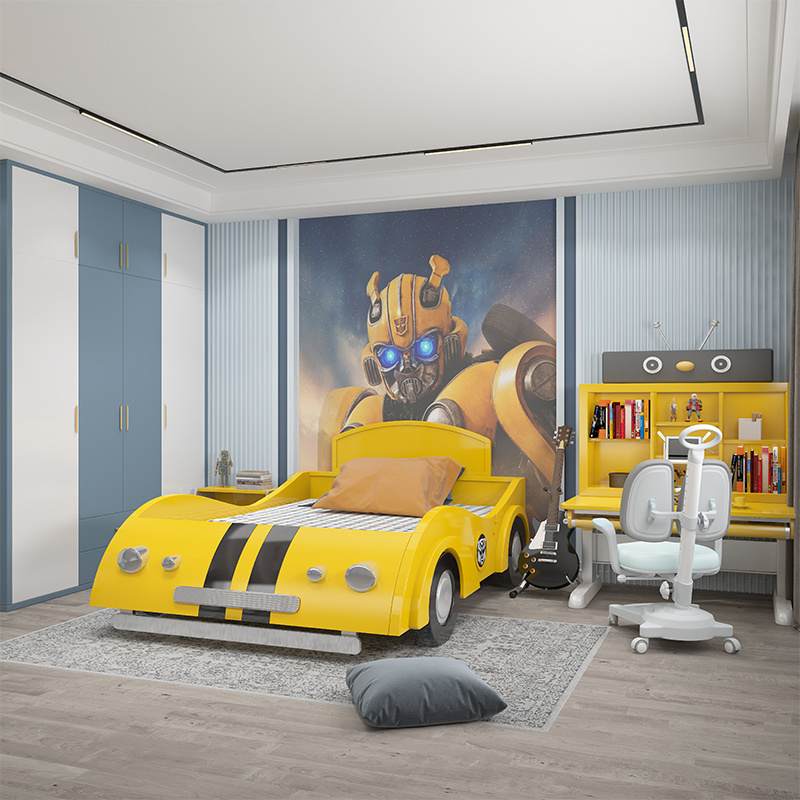 Cheap bedroom furniture yellow solid wood modern car bed for boys