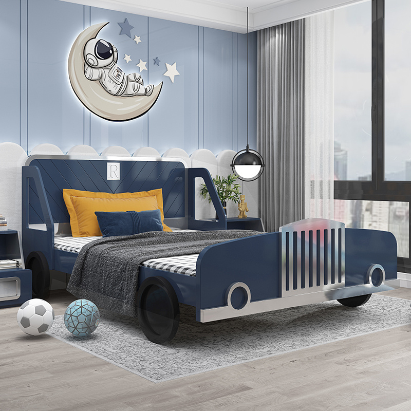 Children bedroom wood furniture full size blue solid wood customization wooden car bed