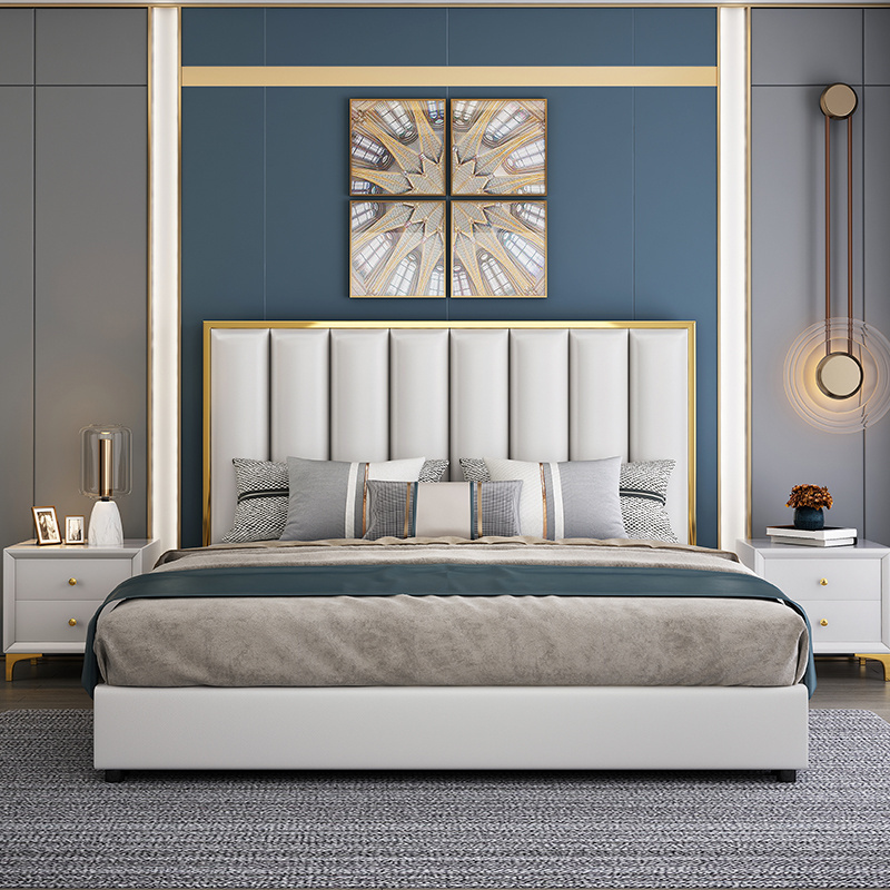 Modern | Contemporary Velvet Upholstered Bed  Polished Gold Metal Frame White King