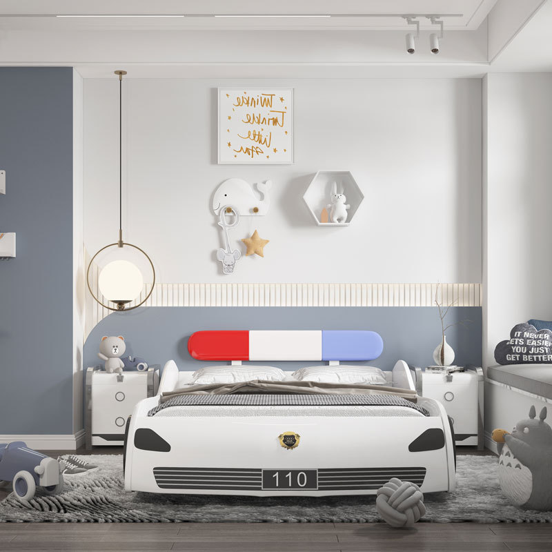 Factory sale blue police car shape child bed twin size solid wood kids car beds