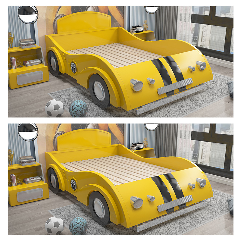 Cheap bedroom furniture yellow solid wood modern car bed for boys