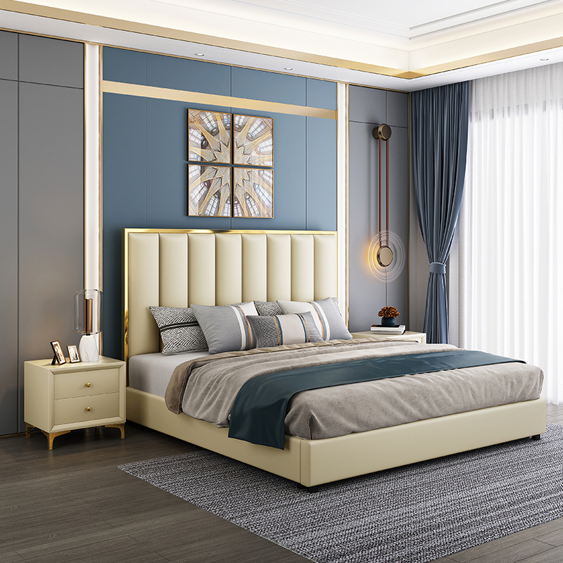 Modern | Contemporary Velvet Upholstered Bed  Polished Gold Metal Frame White King