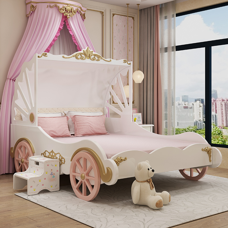 European style Solid Wood girls princess bed pink 120cm kids single bed girl queen  size beds for kids