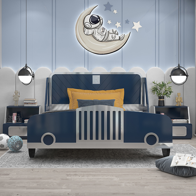 Children bedroom wood furniture full size blue solid wood customization wooden car bed