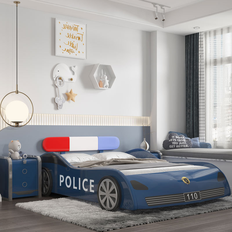 Factory sale blue police car shape child bed twin size solid wood kids car beds