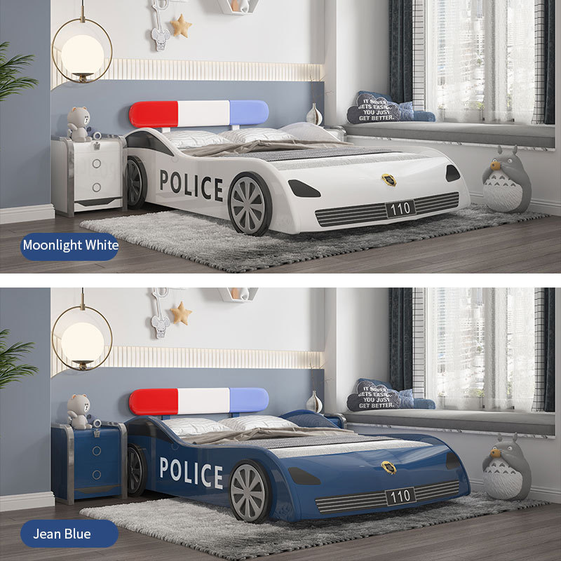 Factory sale blue police car shape child bed twin size solid wood kids car beds